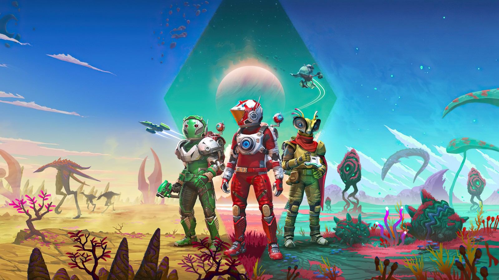 A group of people standing in a desert with alien plants (no mans sky, video game, no mans sky origin)