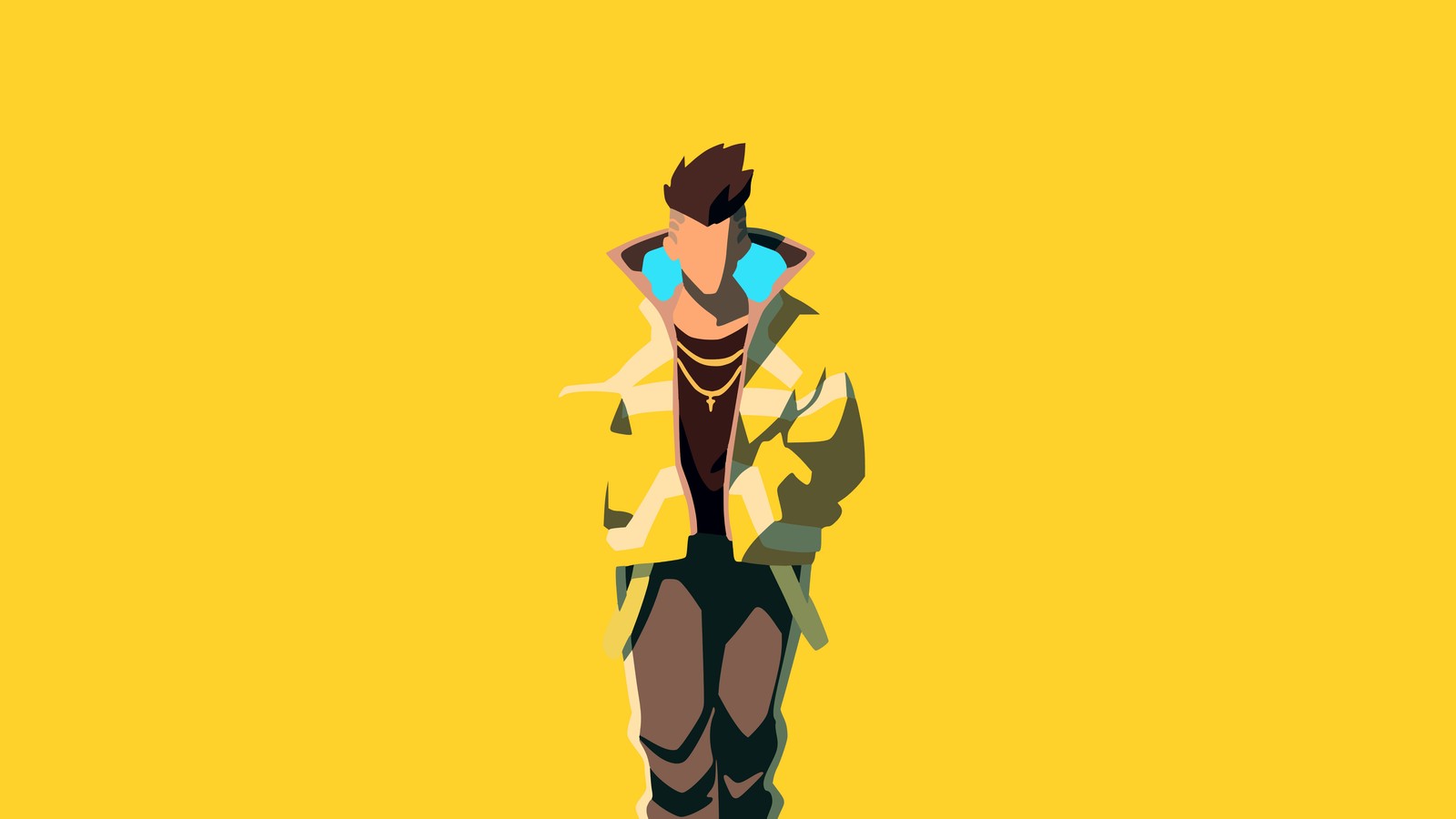 A cartoon character in a yellow jacket and black pants (david martinez, minimalist, yellow aesthetic, 5k, yellow background)