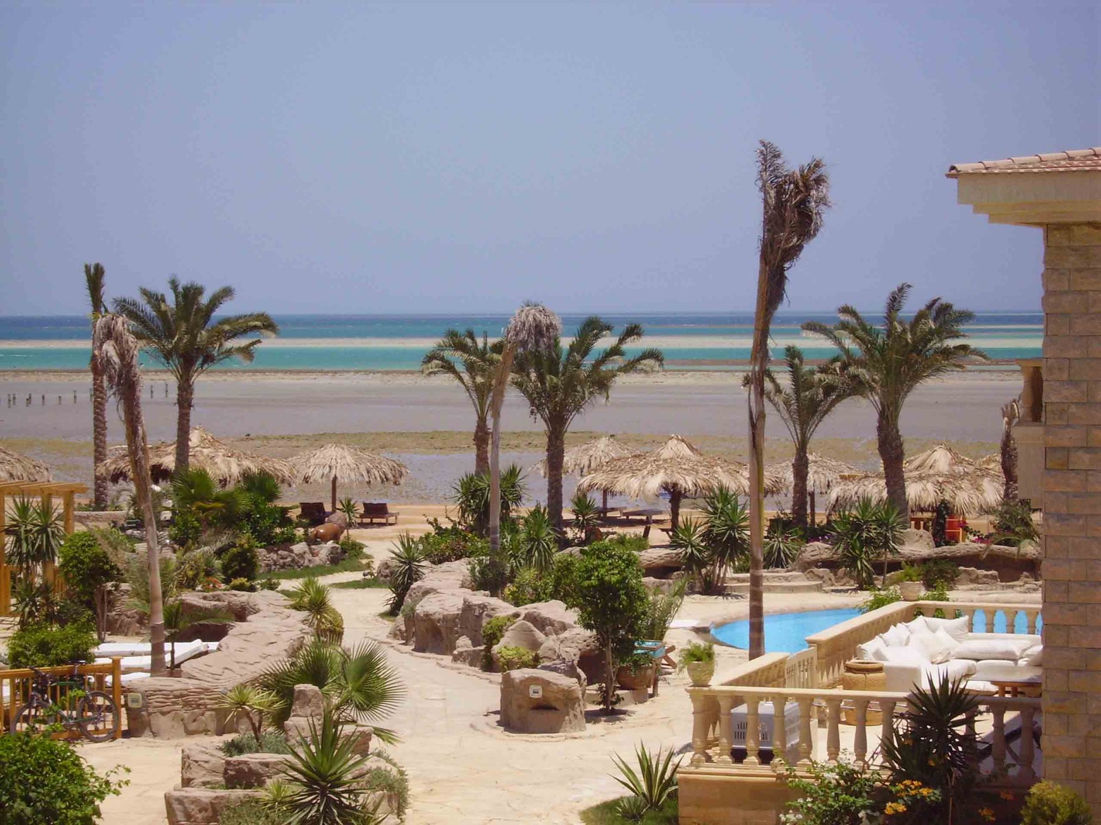 Vista de uma praia com palmeiras e uma piscina (estância, turismo, hurghada, recreação, férias)