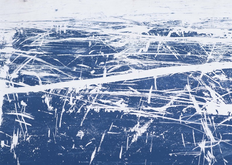 A close up of a blue and white painting with a snowboard (paint, line, water, pattern, design)