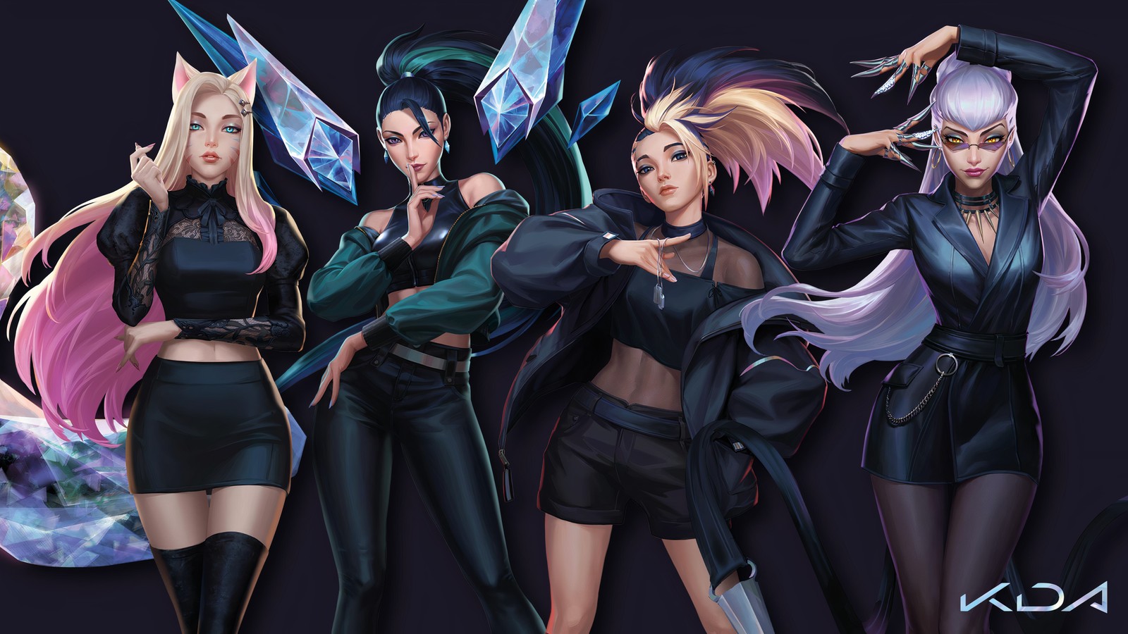 Un grupo de mujeres en trajes negros con alas (kda, k pop, league of legends, 5k, 8k)