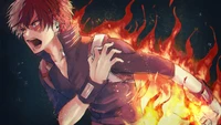 Shoto Todoroki libera seus poderes flamejantes em uma pose dinâmica de My Hero Academia.