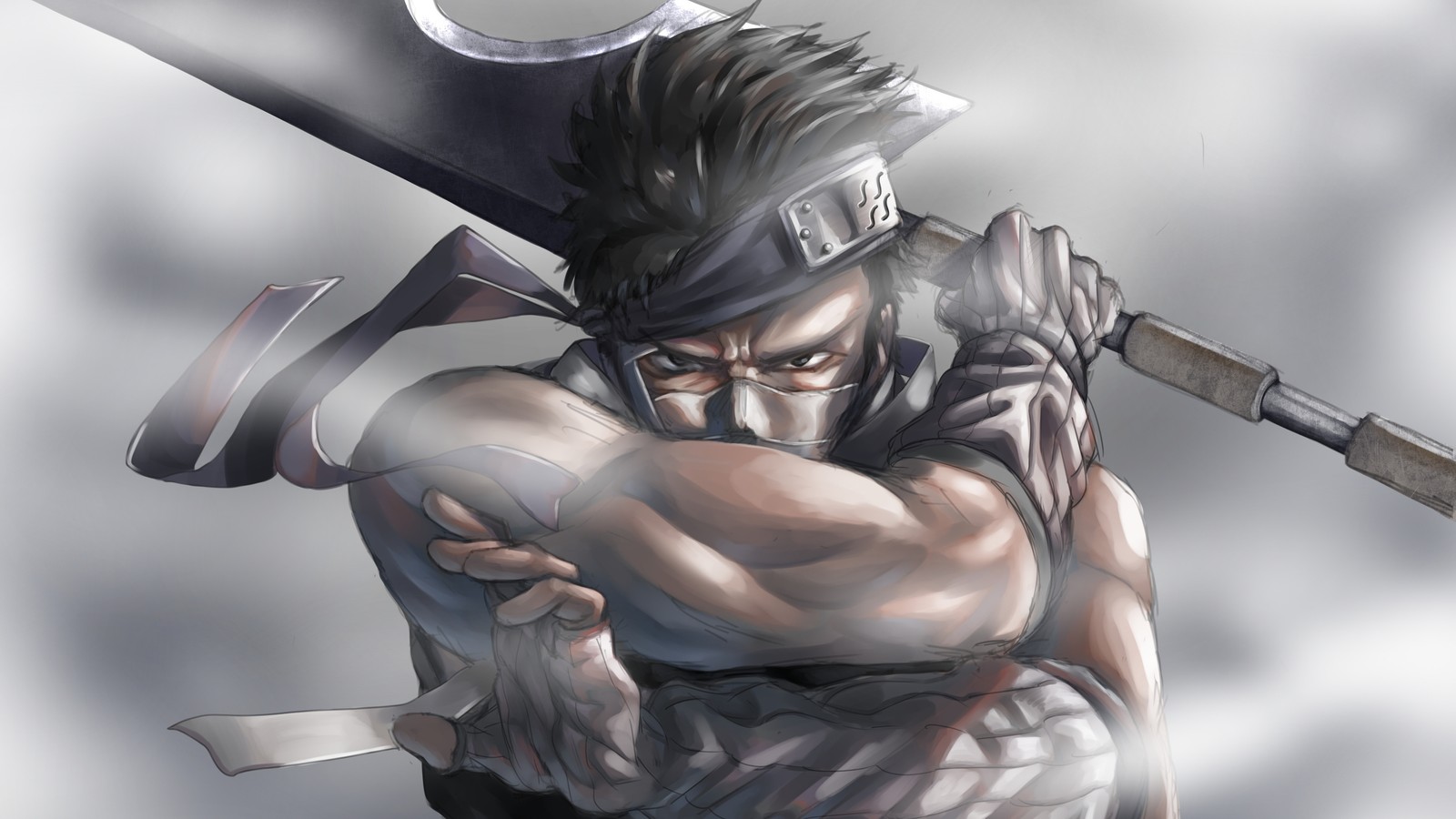 Nahaufnahme einer person, die ein schwert in einem bewölkten himmel hält (zabuza momochi, schwert, naruto anime, anime)