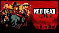 Trio dinâmico de personagens de Red Dead Online, contra um impressionante fundo vermelho, mostrando o tema ocidental do jogo e seu espírito aventureiro.