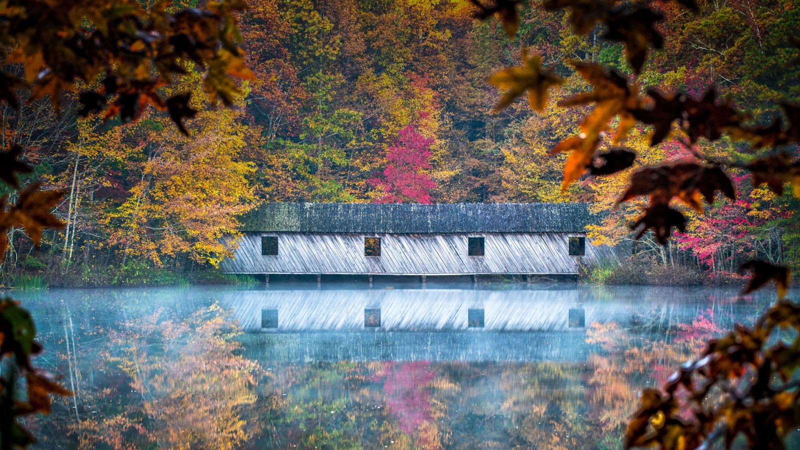 Vista de uma casa situada em um lago cercado por árvores (cambron covered bridge, huntsville, alabama, reflexo, flúmen)