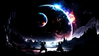 Samurai Silhouettes in Cosmic Battle