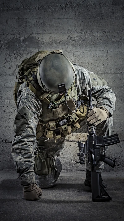 Soldier crouching with a rifle against a textured wall.