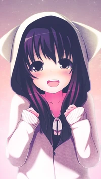 Kawaii anime girl in a cat-themed hoodie, smiling joyfully.