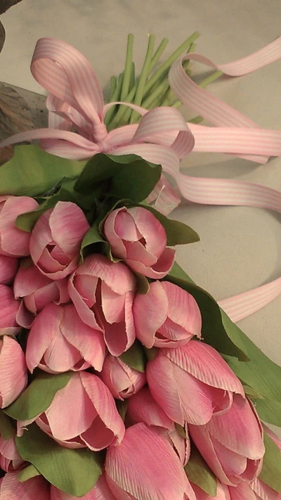 Pink Tulip Bouquet with Ribbons