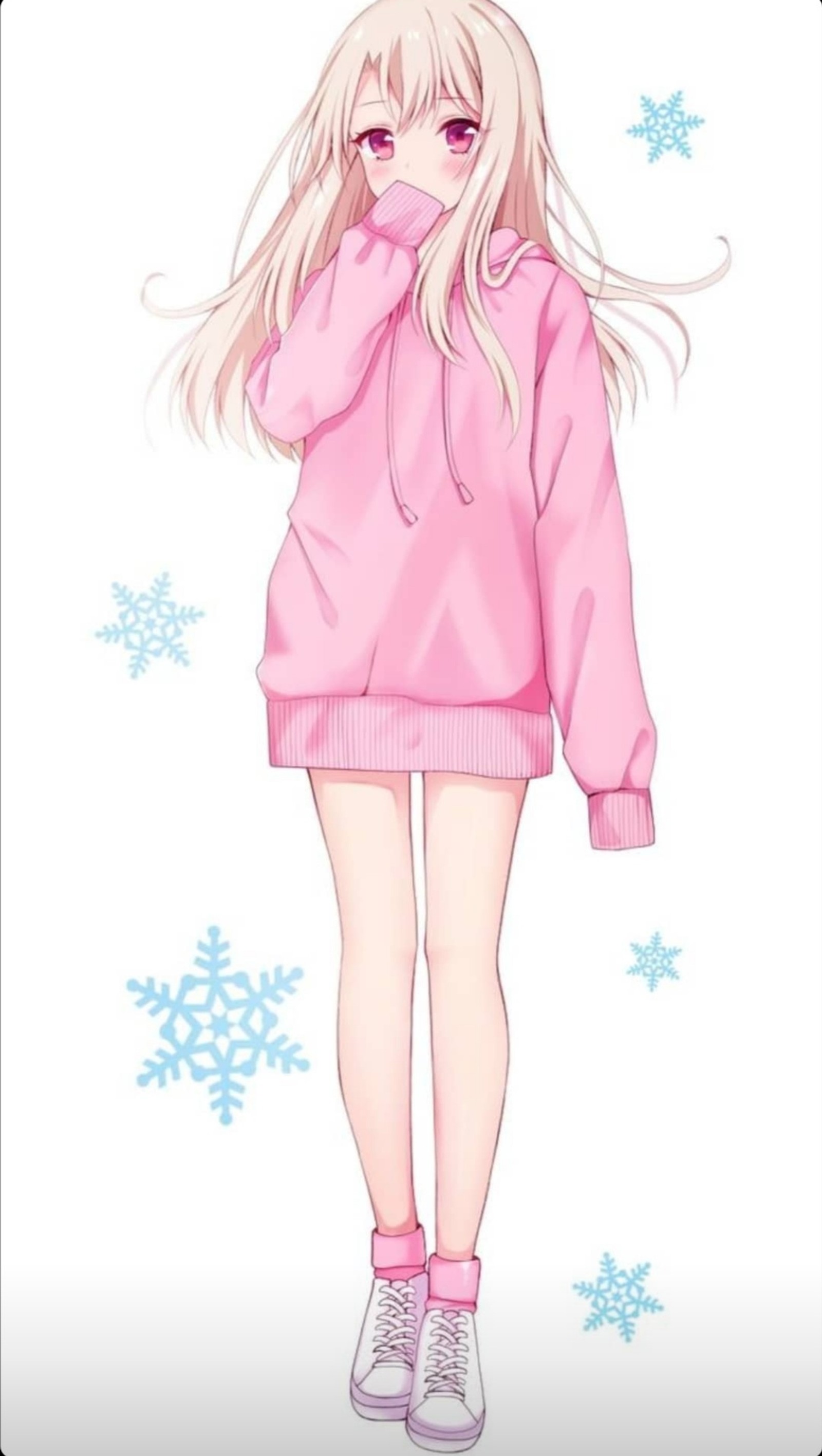 Chica de anime con suéter rosa y zapatillas blancas de pie frente a copos de nieve (anime, chica de anime, fondo de anime, hermoso, chica linda)