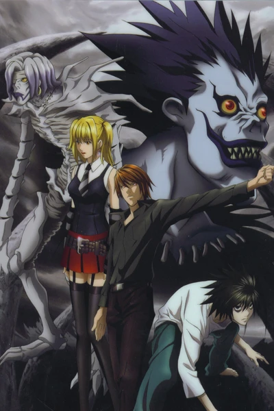 Personagens principais de Death Note em um fundo escuro e assombroso