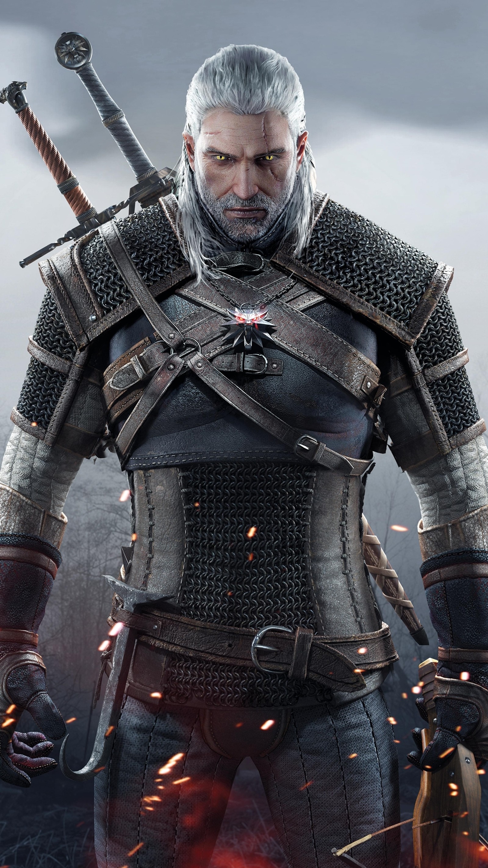 Homem com cabelo de bruxa em armadura com espada e armadura em chamas (jogo, geralt, espada, caça selvagem, witcher)