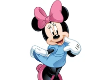 Minnie Mouse en un vestido azul con un lazo rosa, posando juguetonamente.