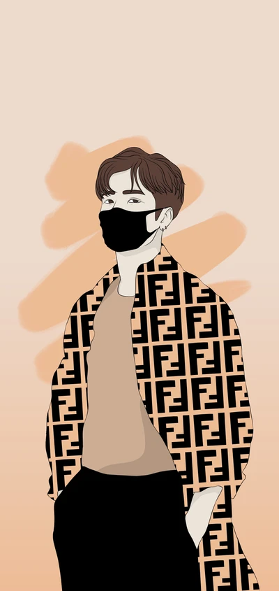 Illustration stylisée de Jackson Wang en vêtements Fendi