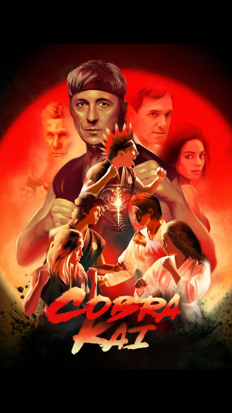 Постер человека с ножом перед группой людей (кобра кай, cobra kai, даниэль сан, daniel san, ястреб)