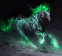 Mystical Black Horse with Ethereal Green Mane