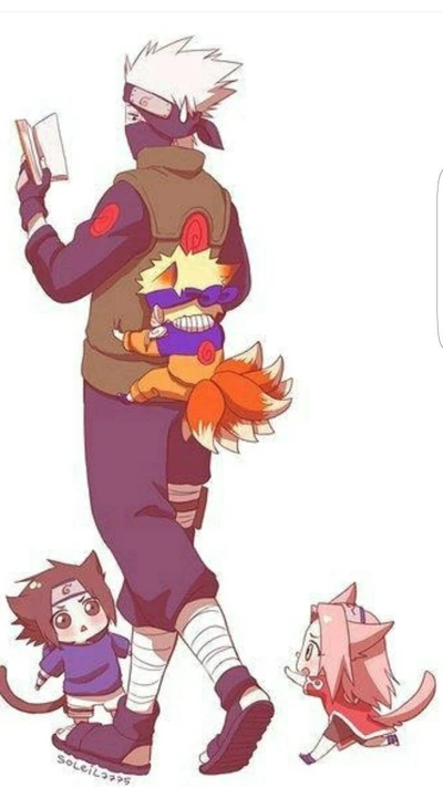 Kakashi com Chibi Naruto, Sakura e Sasuke em uma cena brincalhona.