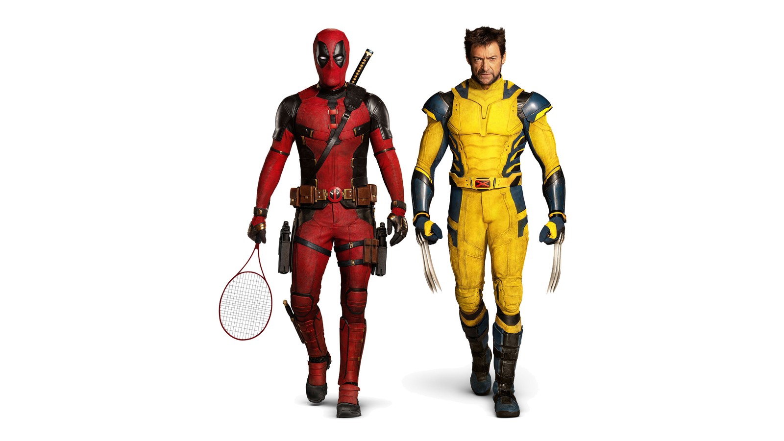 Dos hombres en disfraces de deadpool están uno al lado del otro (deadpool vs wolverine, deadpool wolverine, 8k, fondo blanco, películas de 2024)