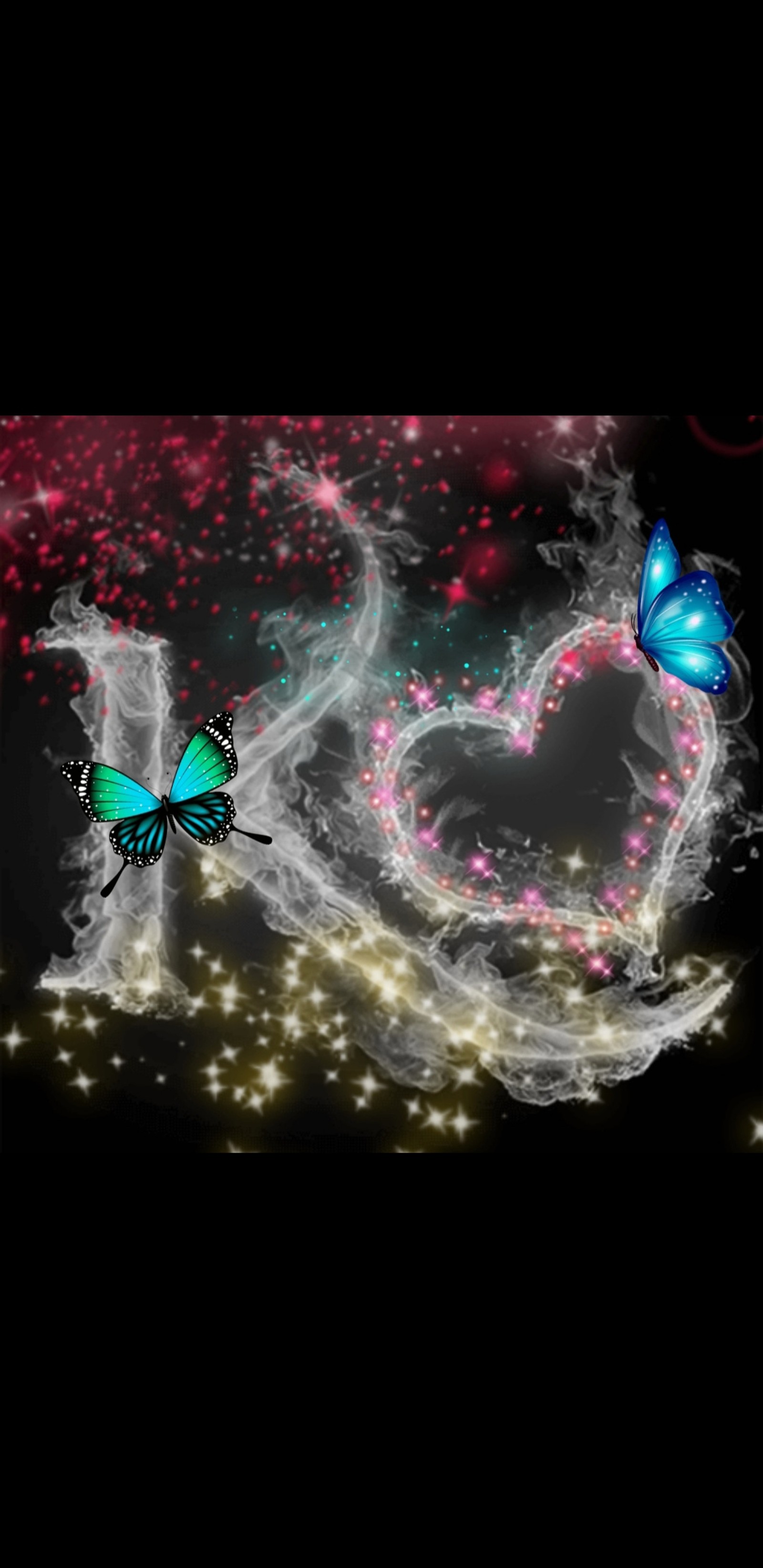 There is a butterfly that is flying around a heart (letter, alphabets, smoke, black)