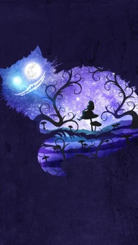 Enigmatic Journey: Alice and the Cheshire Cat in a Purple Wonderland