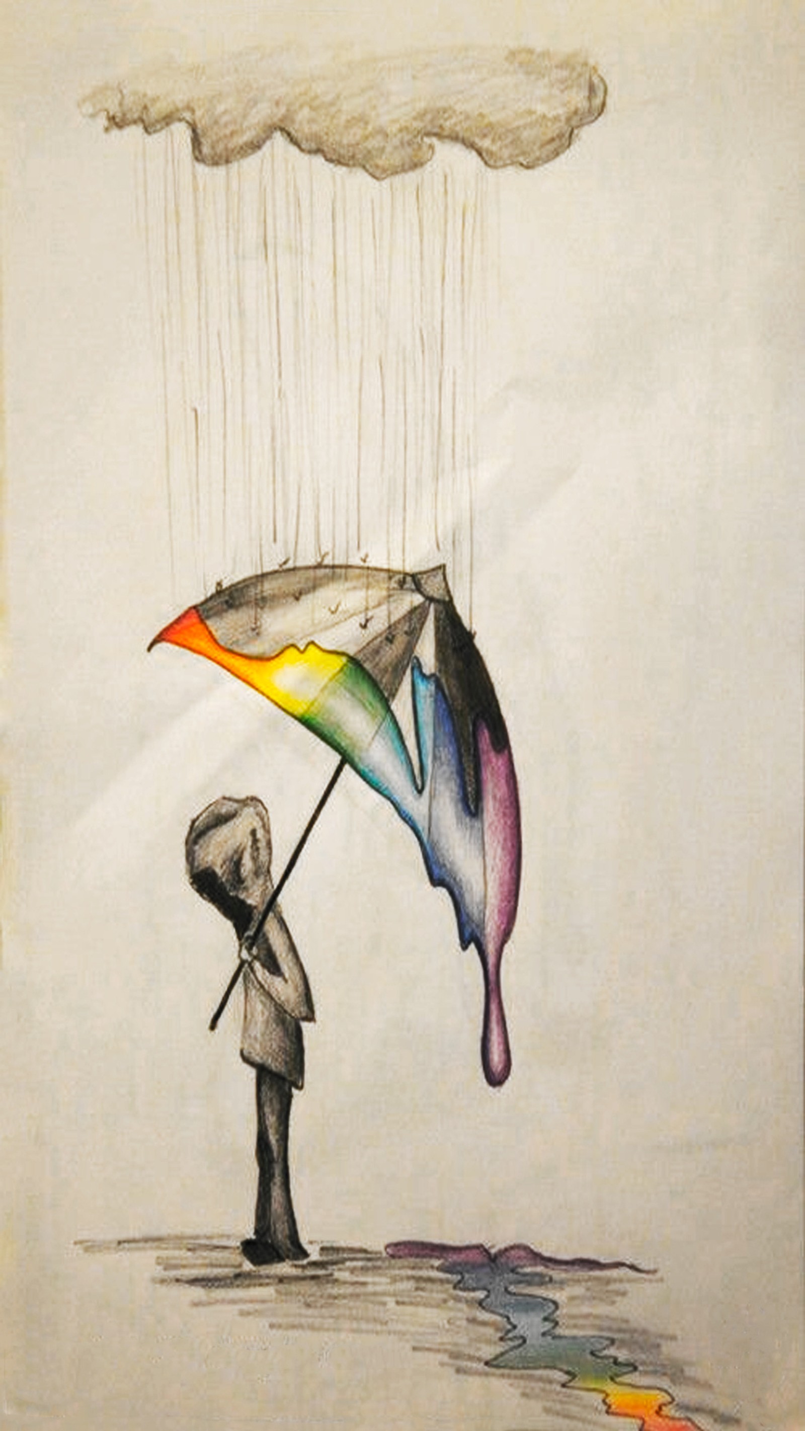 Drawing of a person holding a rainbow umbrella with a cloud in the background (cartoon, col, color, colour, drawing)