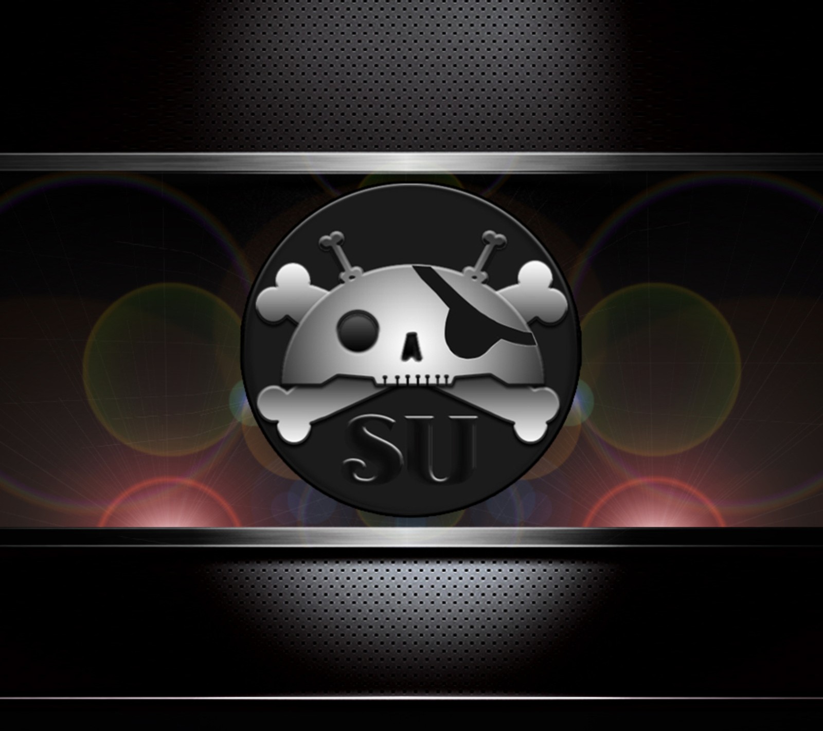 A close up of a skull and crossbones on a metal plate (android, skull)