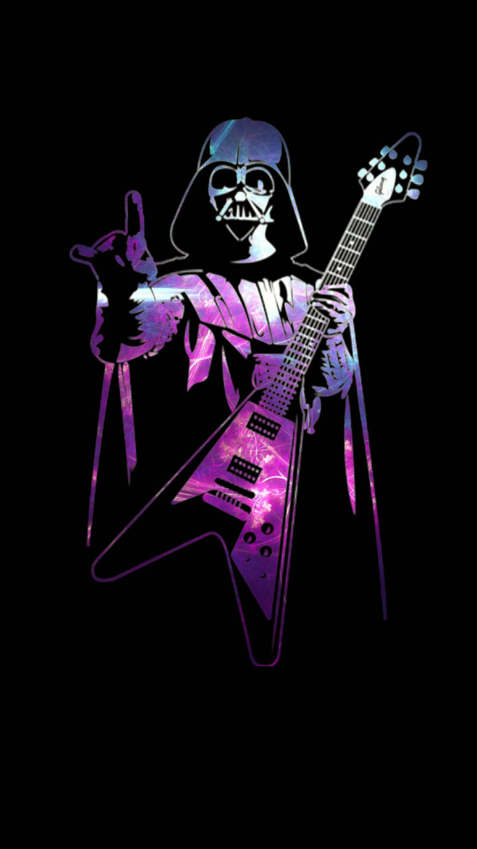 A close up of a person holding a guitar in a dark room (darth vader, lord vader, music, star wars)