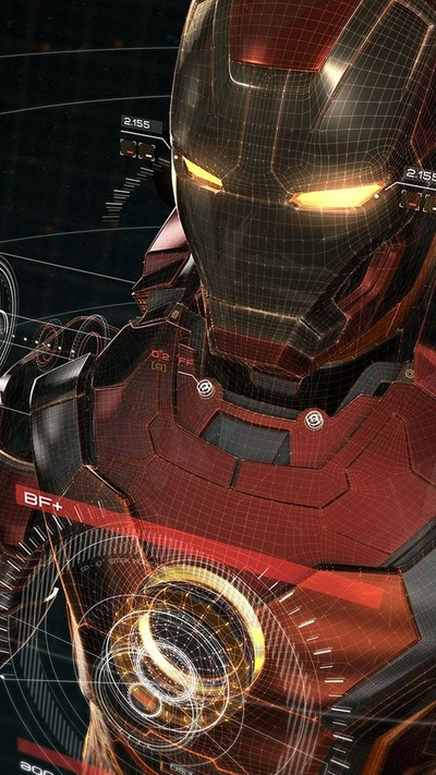 Armadura futurista de Iron Man con ojos brillantes e interfaz de tecnología avanzada