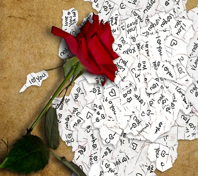 Une rose rouge vibrante repose sur un lit de notes éparpillées, chacune inscrite avec "Je t'aime.