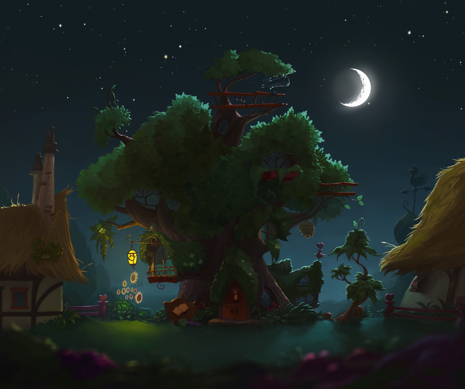 Night scene of a village with a tree and a house (friendship, little, magic, mlp, my)