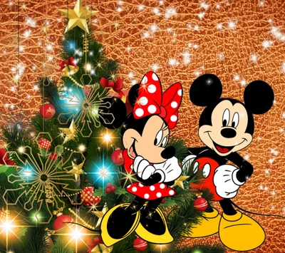 Mickey e Minnie Mouse celebram um Feliz Natal perto da árvore