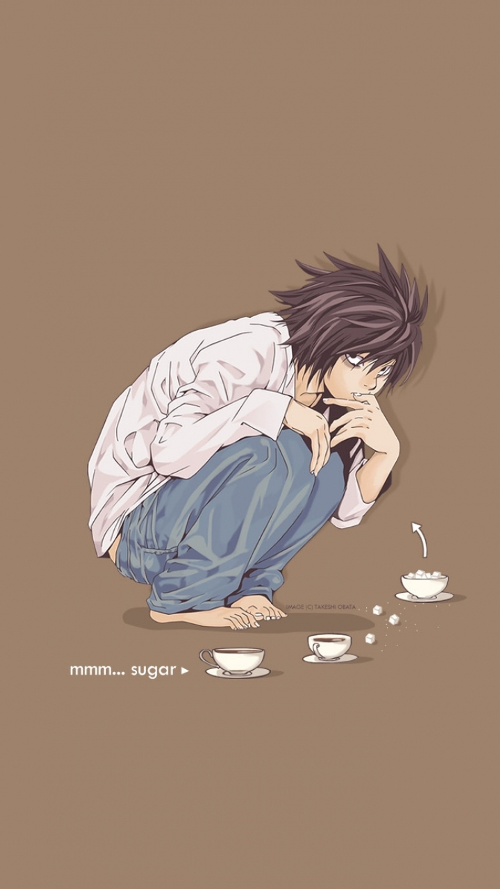 Chico de anime con una taza de café y un teléfono (anime, death note)