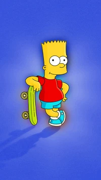 Bart Simpson with a skateboard, striking a playful pose against a blue background.