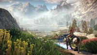 Aloy riding a robotic steed through a vibrant landscape with mountains and a serene lake in the background, showcasing the beauty of Horizon Zero Dawn.