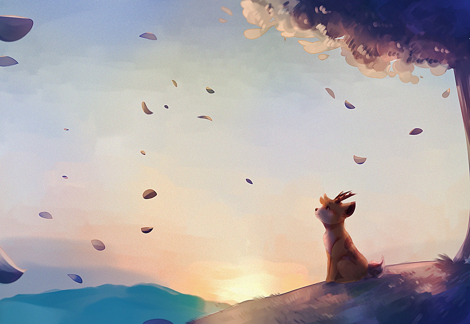 Painting of a dog sitting on a hill looking at the sky (painting, work of art, art, artist, visual arts)