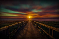 wooden pier, sunset, bridge, dawn, dusk wallpaper