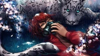 Anime Boy with Gas Mask and White Tiger Among Blossoms