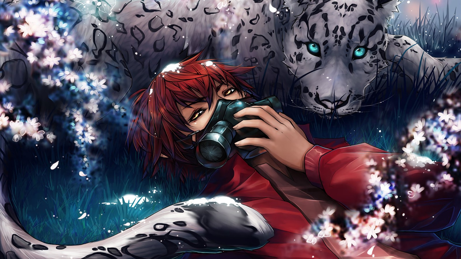 Lade anime junge, tiger, tier, gasmasken Hintergrund herunter