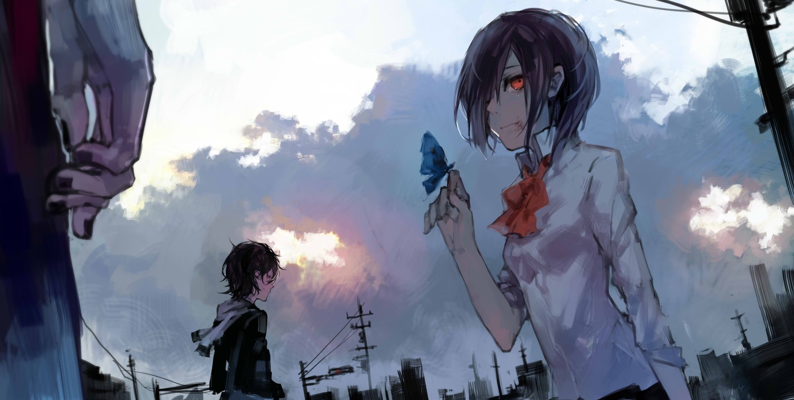 Personagens de anime de pé em frente a uma cidade com um pássaro na mão (tokyo ghoul, anime, céu, personagem fictício, ghoul)