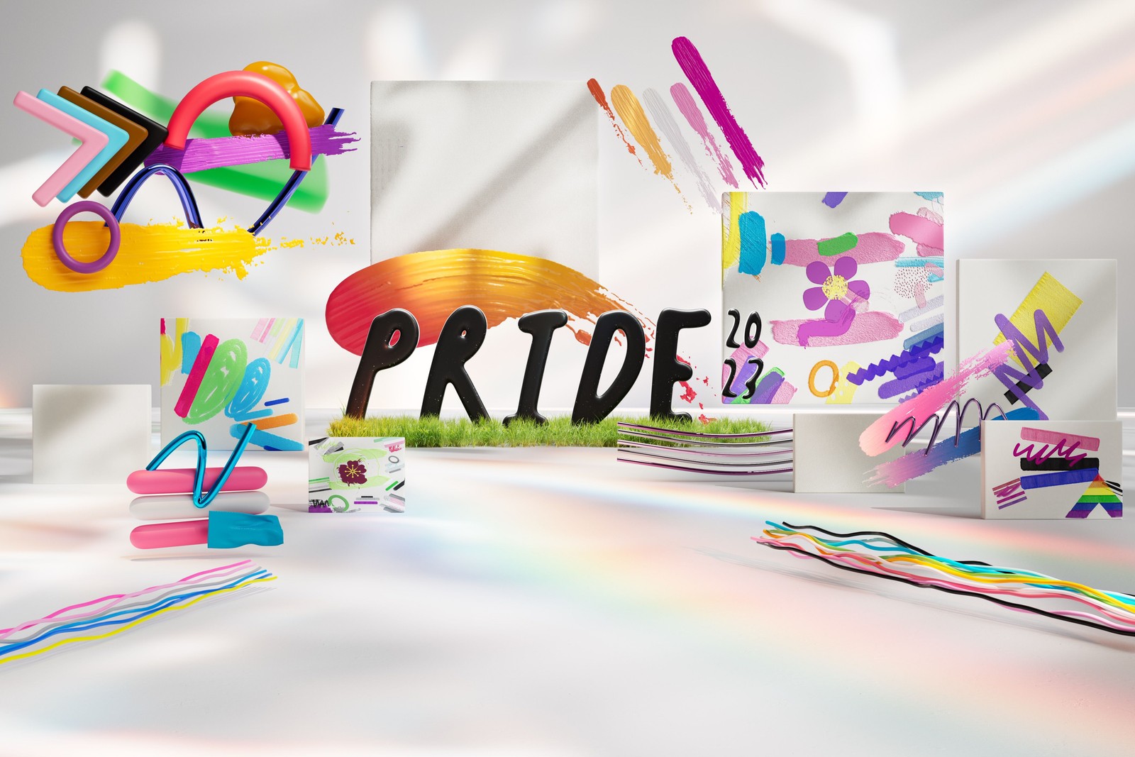 Un gros plan d'un tas d'objets de différentes couleurs sur une table (microsoft pride, 2023, lgbtq, célébrations, fond décran 4k)