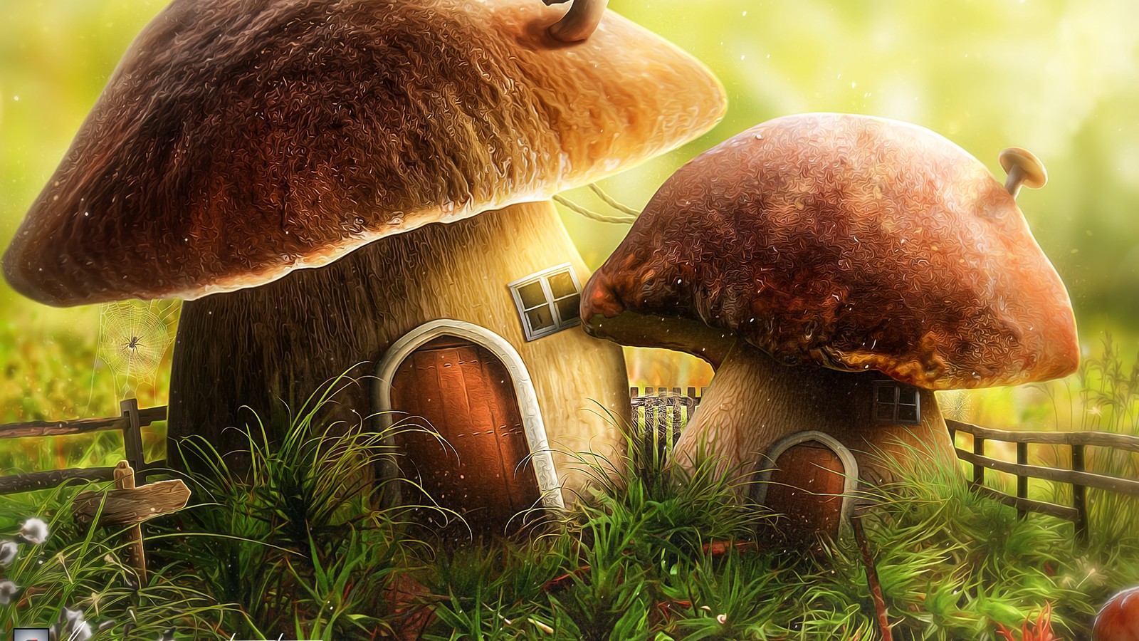 There are two mushrooms that are standing in the grass (mushroom, plant, plant community, natural landscape, terrestrial plant)