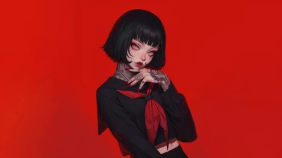 Anime girl in a school uniform with tattoos, posing against a striking red background.