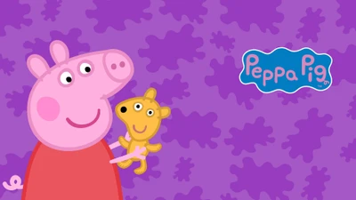 Peppa Pig mit einem Teddybär auf lila Hintergrund