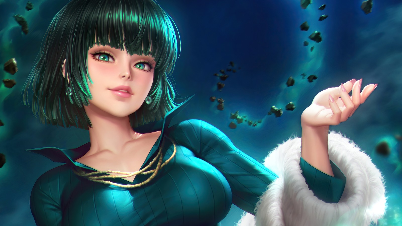 Una mujer con un vestido verde sosteniendo un abrigo de piel blanco (fubuki, one punch man, anime, ワンパンマン)