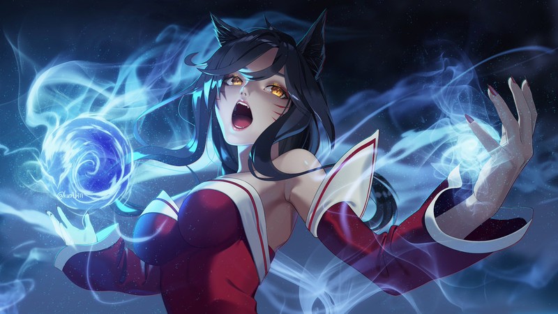 Женщина в красно-белом наряде держит шар (ахри, ahri, lol, league of legends, видеоигра)