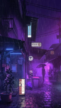 Midnight Rain in a Neon-Lit City Alley with Houseplants