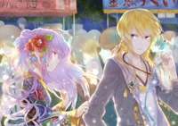 A whimsical scene featuring a blue-haired girl with a hime cut and floral accents, playfully interacting with a serious blond boy in a vibrant, festival-like atmosphere filled with lights and colors.