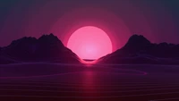 Neon Sonnenuntergang über retro Bergen: Eine Synthwave Traumlandschaft