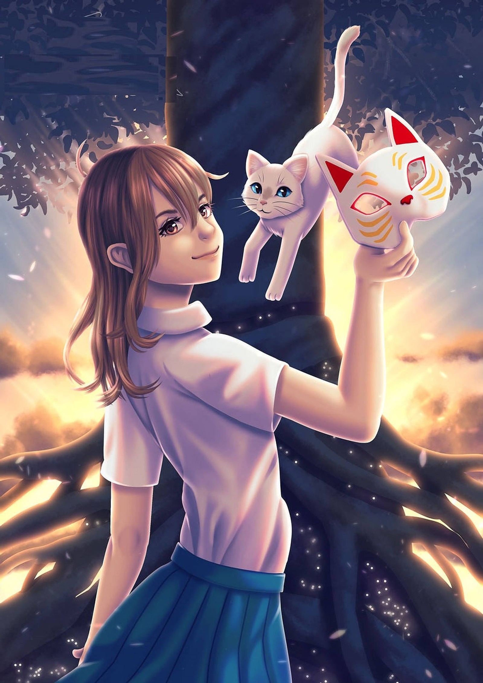 Menina de anime segurando um gato e um filhote em sua mão (arte, pintura, arte de fãs, desenho animado, animação)