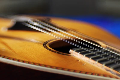 Close-up of an acoustic guitar showcasing its strings and soundhole.